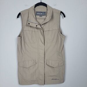 Eddie Bauer Womens Small Full Zip Snap Front Beige Khaki Vest Flap Pockets Lined